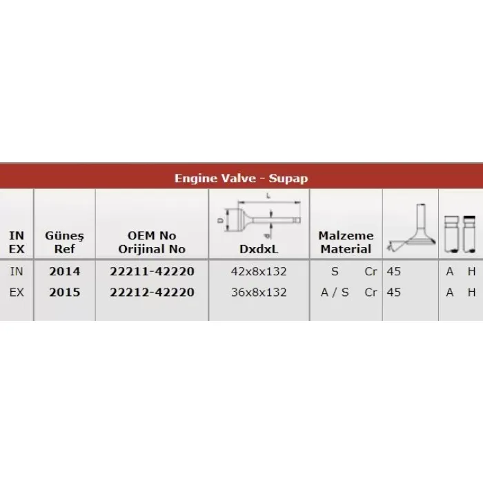 Subap Takimi H100 2001 Model (In-4/Ex-4) | GUNES 2014-2015 | OEM 2221142200 2221242200