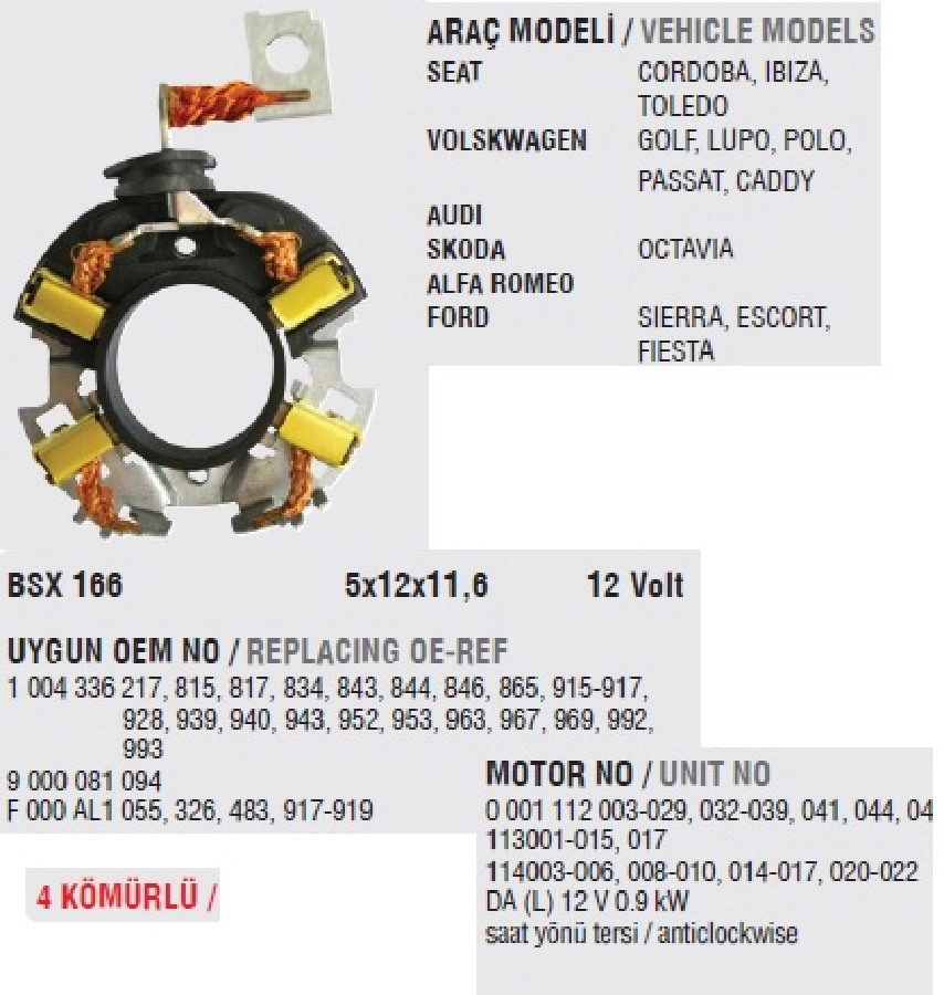 Marş Kömürü Yuvası 12V Seat Cordoba Ibiza Toledo, VW Golf Lupo Polo Pasaat Caddy, Audi, Skoda Oktavia, Alf | OEM BO1662