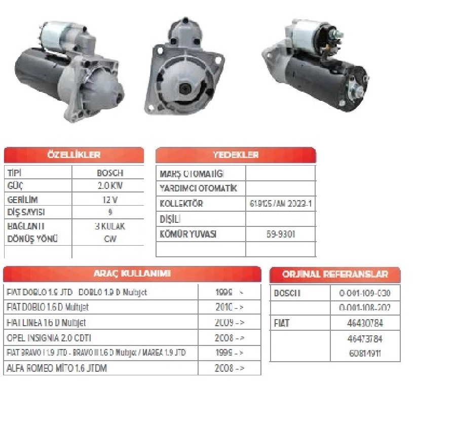 Marş Motoru 12V 2,0KW 9D Bosch Tipi Doblo-Stılo-Bravo I-Marea-Lancia Alfa Romeo 156 1,9JTD 1999 ve sonrası St | OEM WUT.1107.0056