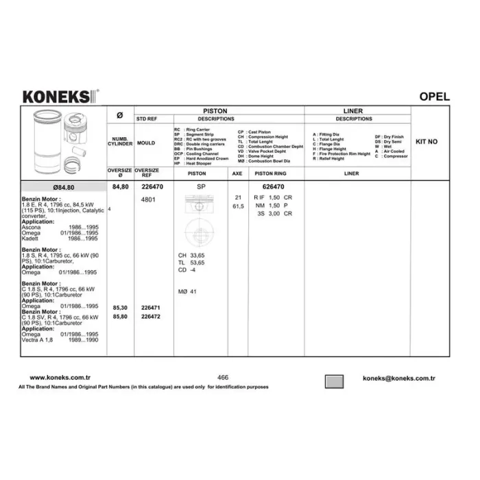 Piston+Segman 84,8MM 0,5(Mm Farkli) Vectra-Omega 1,8 86--> 4 Cyl 21PIM | KONEKS 226471 | OEM 87716910