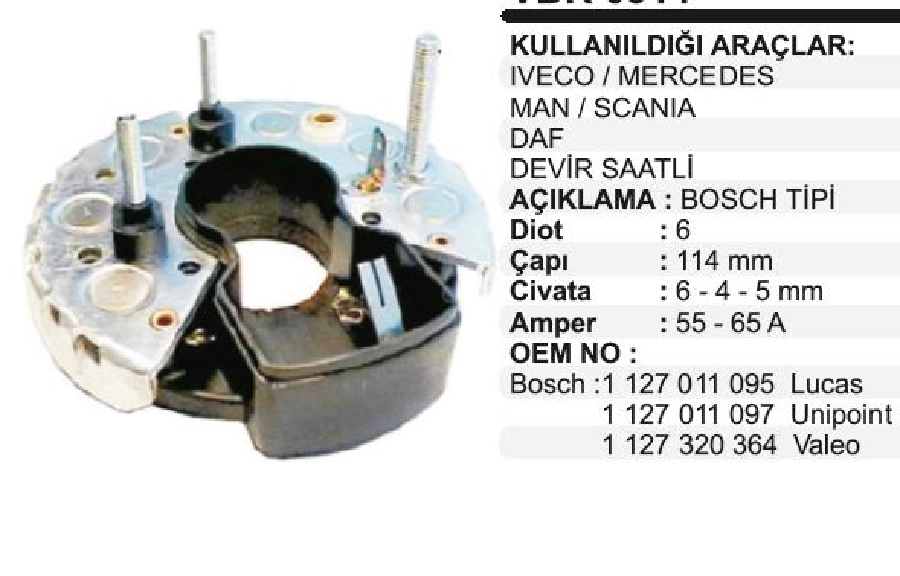 Diyot Tablası Bosch Tip 114mm 40A - Mercedes, MAN, Khd, Iveco, Scania, DAF (3 Cıvata + 1 Fiş Havuzlu) | OEM RB07H