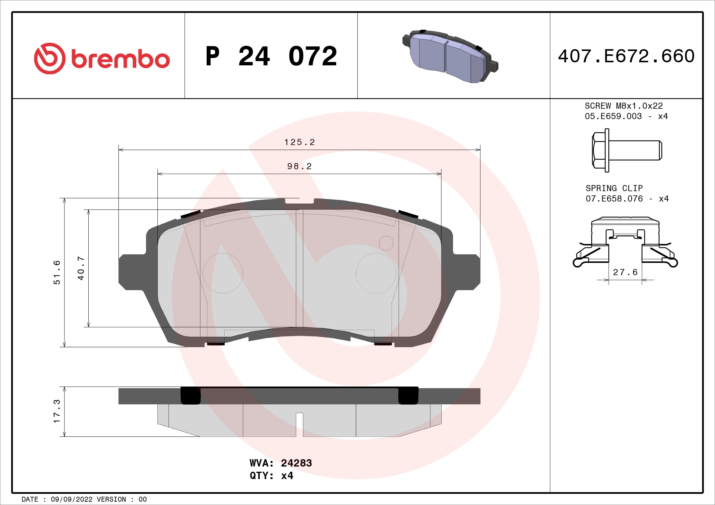 On Fren Balatasi Fiesta 08> Materia 06> Sirion 05> Mazda 2 08> | BREMBO P24072 | OEM ME8V5J ME8V5J 2K021 AB 1848518 2K021 1848518
