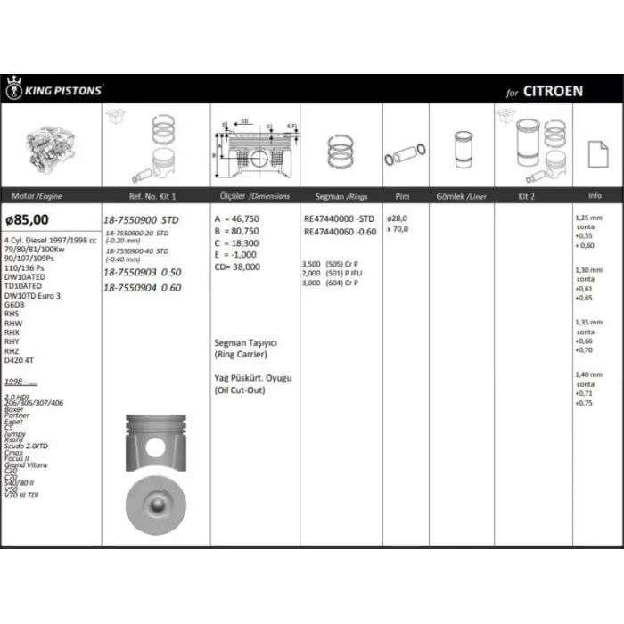 Motor Piston Segman P206 P307 P406 Partner 2 Scudo 2 Expert 2 Jumpy 2 Berlingo 2 C5 2,0JTD DW10TD (2,0HDI 8V) / (85,00MM) / (Std) | KINGPISTON 18-7550900 | OEM 0648K7