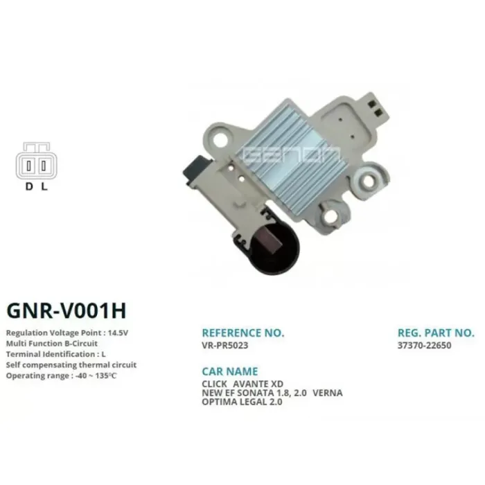Alternator Konjektor 12V Korea Hyundai Accent Yeni Model. 90 Amp Yeni Versiyon (Gnr-V001A Uyumlu) (L) | GENON GNR-V001H | OEM 37370-22650