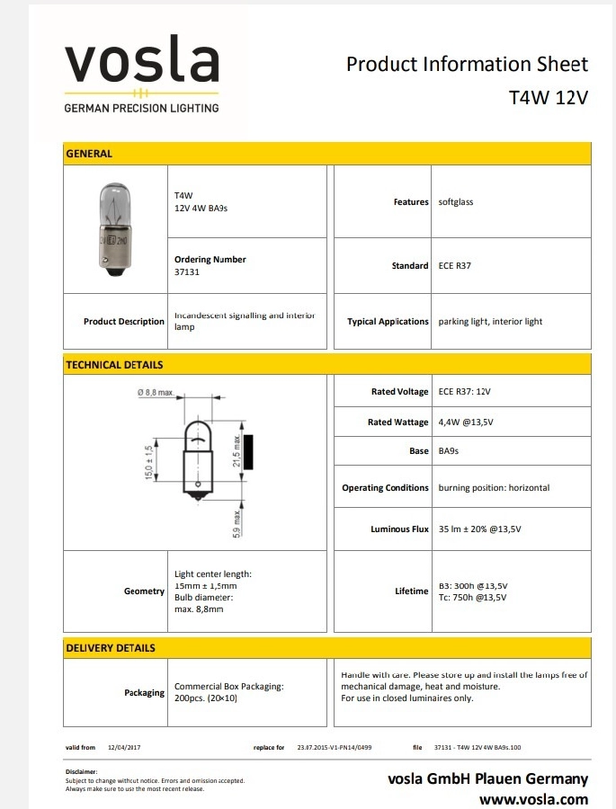 Ampul 12V 4W 53 Ampul T4W | OEM VS37131