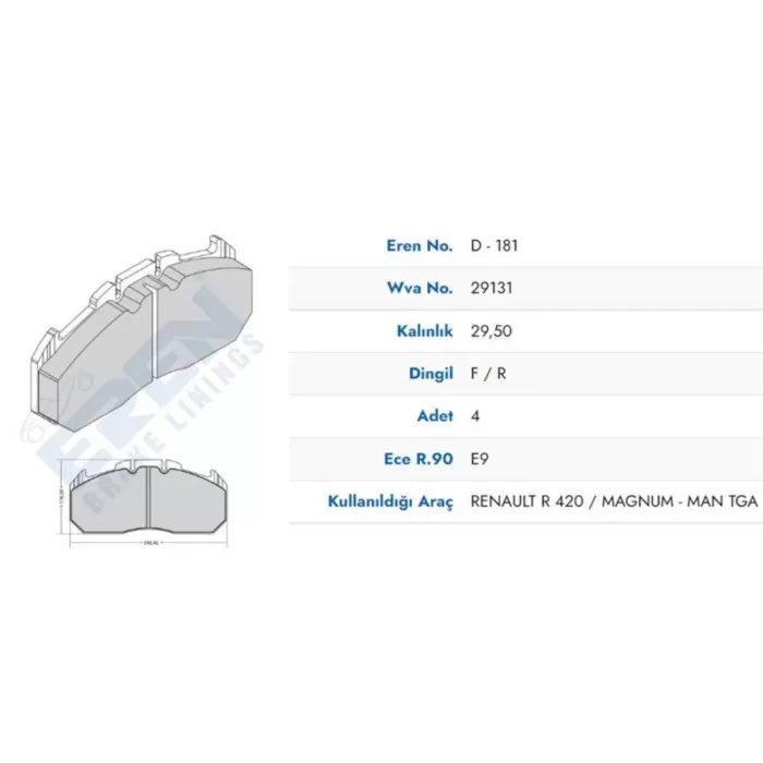 On Fren Balatasi Renault Midlum MAN (02-) Scania (09/95>09/04), P, G, R, T Serisi (Mavi Kutu) | EREN HP D.181 M201 YAYLI | OEM 29131 5006028410 8150820508