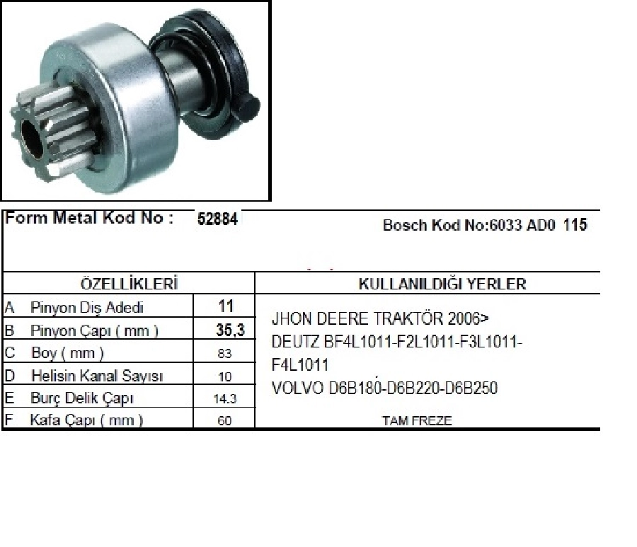 Marş Dişlisi 11D B Osch Tipi Jhon Der-Volvo-Deutz | OEM 52884