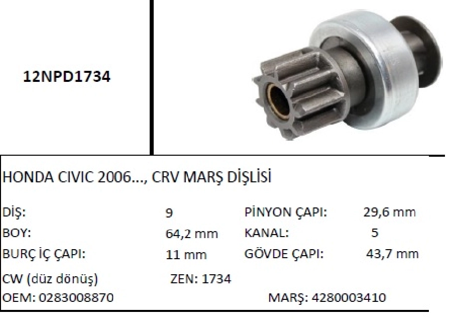 Marş Dişlisi ZEN1734 9 Diş, Cw, Honda Civic 2006..., Crv | OEM 12NPD1734