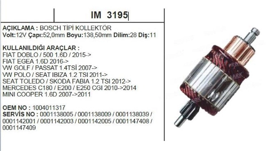 Kollektör Bosch Doblo, Linea, Leon, Golf 7, Jetta 1.6D | OEM IM3195