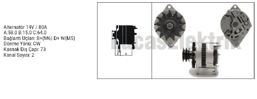 Alternatör A127, 12V, 80A Kasnak Dış Çapı: 73mm DİNAMO1 Tumosan | OEM 61920490