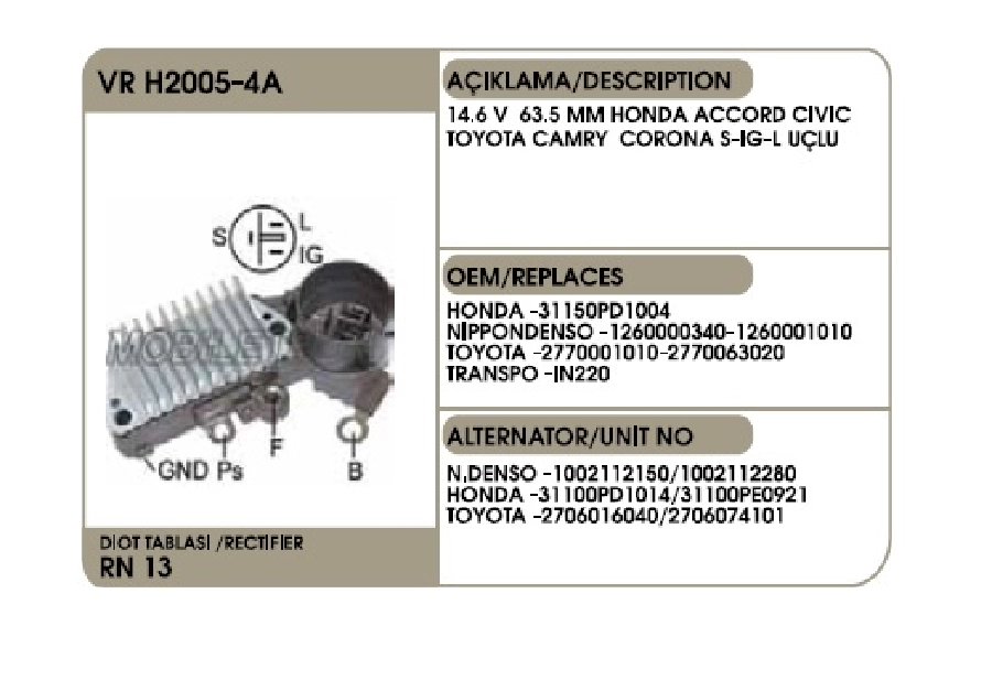 Konjektör Nippon Denso Tip 14.6V Honda Accord-Civic, Toyota Corolla- Camry-Corona (63.5mm) (S-Ig-L) | OEM VRH2005-4A