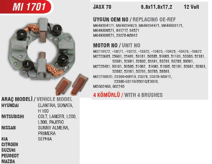 Marş Kömürü Yuvası - 12V Mitsubishi L200-L300 Yeni Model, Mazda (Uygun Kömür:JASX70) | OEM MI1701
