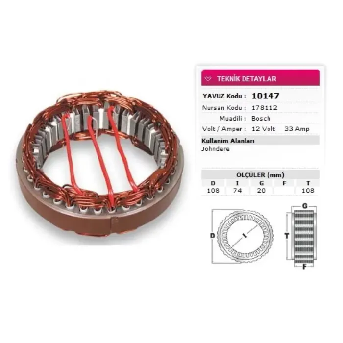 Stator Bosch Tip 12V 33A Johndere Nursan 178112 | YAVUZ 10 147 | OEM 10 147