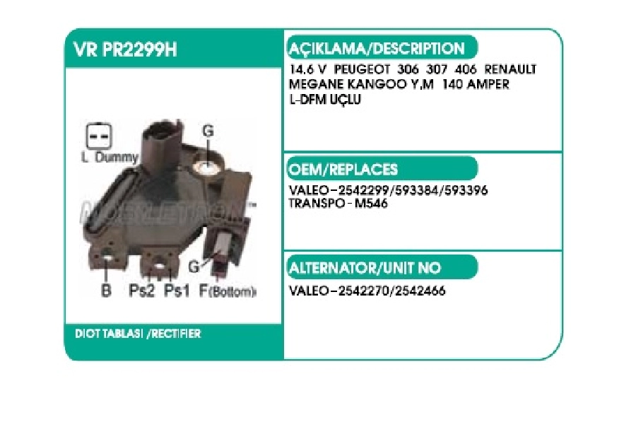 Konjektör 14.6V Valeo Tipi Megane Kangoo 1.5DCI Peugeot 306 307 406 Çift Fişli {140 Amper} | OEM VRPR2299H