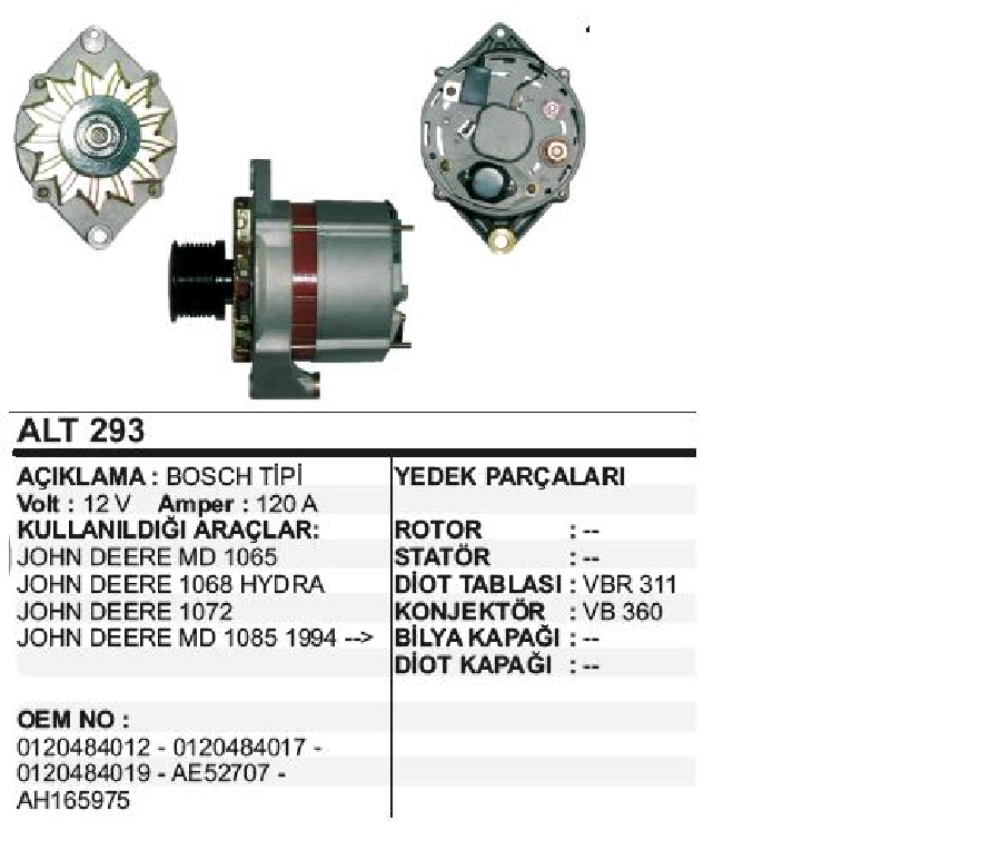 Alternatör 12V 120A Bosch T John Deere, Newholland Triger 8 Kanallı Kasnak | OEM ALT293