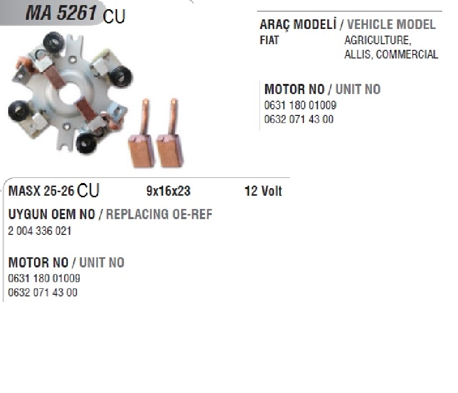 Marş Kömür Yuvası 12V Kb Tip - (Uygun Kömür: MASX25, 26CU) | OEM MA5261CU