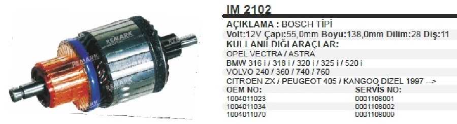 Marş Kollektörü Bosch Tip 12V Lada Vega Doblo 1.9D Opel Vectra Astra BMW 3.16,3.18,3.20,3.25,5.20 Volvo 2 | OEM IM2102