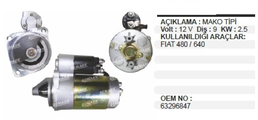Marş Motoru 12V 2.5KW 9D Mako Tipi New Holland Fiat 480, 55.46, 60-56 Trak. Wut Str 020.70. STR17093 | OEM WUT.1107.0395