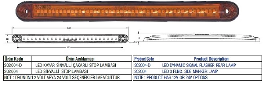 LED Sinyal Lambası Düz Sinyalli 24CM 24V | OEM 202004-24V