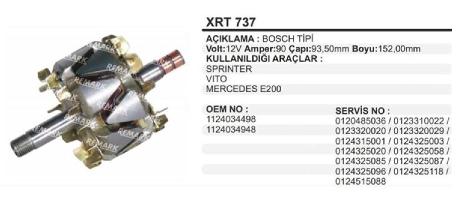 Rotor 90A 12V Bosch Tip - Sprinter-Vito-E200 ÇAP:93,5mm BOY:152mm | OEM XRT737