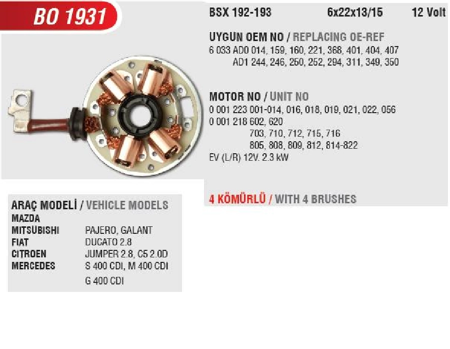 Marş Kömür Yuvası Iveco Daily 25-35-50 Turbo 2002 ve sonrası New Hollad ( Bsx-192-193) Same Traktör | OEM BO1931