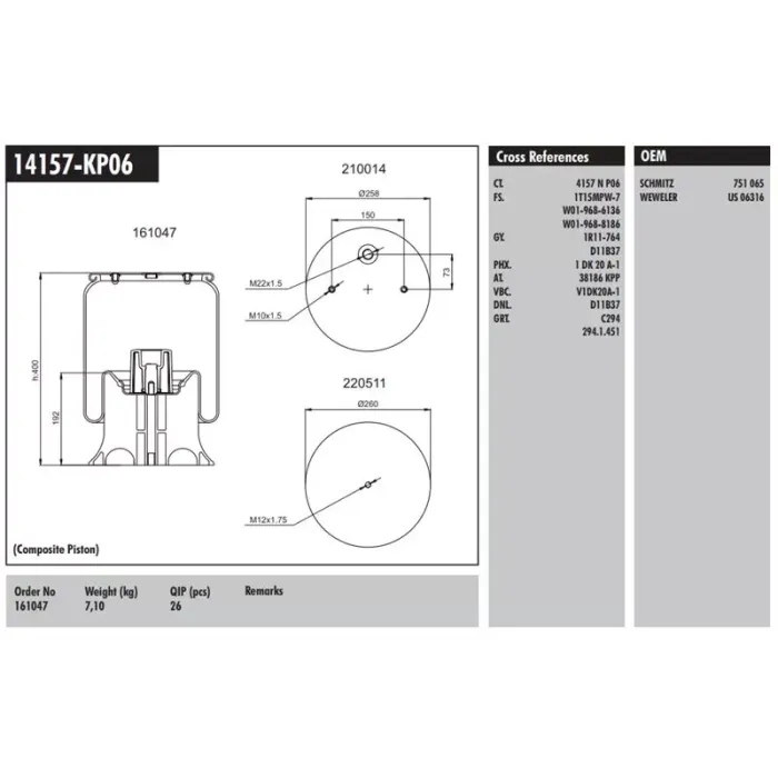 Plastik Piston Komple Schmitz Waweler | CONNECT MD 14157-KP06 | OEM 160047