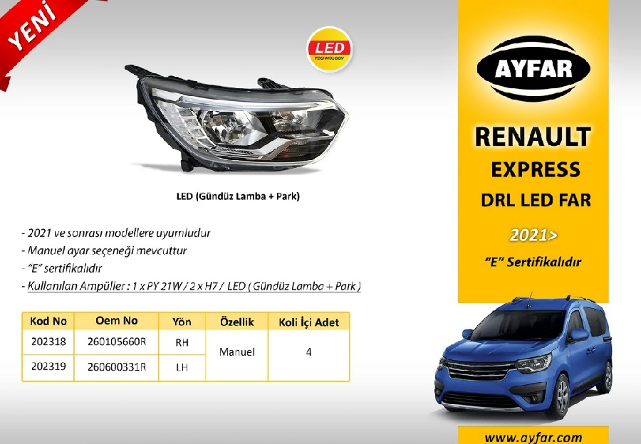 Far Sol Manuel E Belgeli Gündüz Far + Park Renault Express - 2021 260600331R | OEM 202319