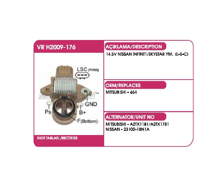 Konjektör Mitsubishi Tip 14.5V 14,5V Nissan Infınıtı, Skystar Yeni Model (L-S-C) | OEM VRH2009-176