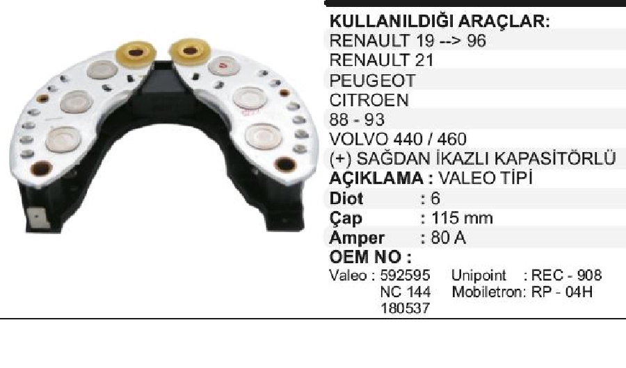 Diyot Tablası R-19, 21, Peugeot ( + ) Sagda Ikazlı Kapasitörlü | OEM VPR0537