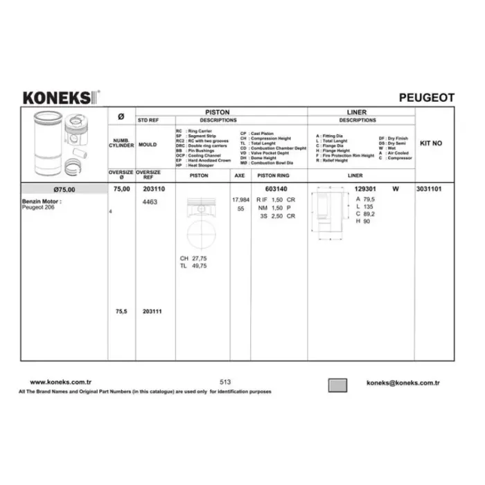 Piston Segman Gomlek (75,00MM) / (Std) Partner Berlingo P106 P306 Berlingo Saxo Xsara Zx TU3JP (1,4 8V) / (Boy:64,5MM Duz Tepe) | KONEKS 3031101 | OEM 0111Y9