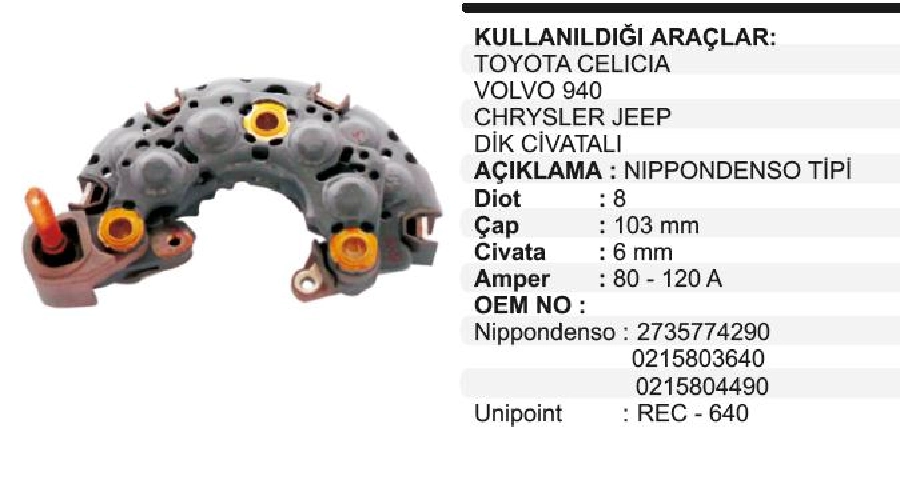 Diyot Tablası Nippon Denso Tip 103mm ( Dik) Chrysler, Dodge Karavan, T Carina 2.0 (92), Celıca 2.0 GTI | OEM VNR0729