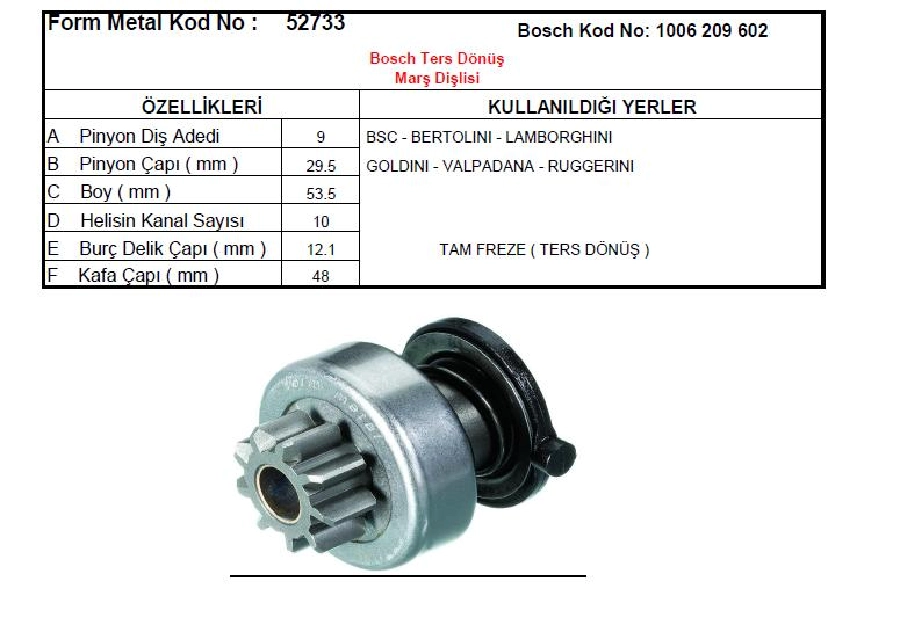 Marş Dişlisi 9D-10K - Bosch Tipi CCW Ters Dönüş Anadolu Motor Jeneratör Lombardını Goldını | OEM 52733
