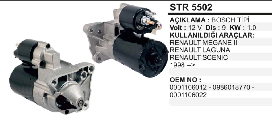 Marş Motoru 12V 9D 1,0 kW Bosch Tip Meganeıı, Laguna, Scenic, Clio 1999 ve sonrası | OEM STR5502