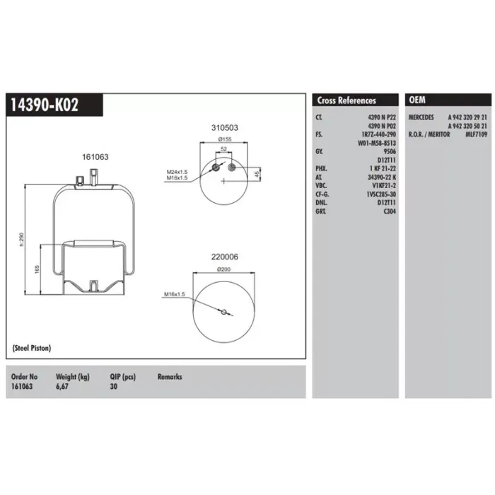 Komple Metal Pistonlu Komple Metal Pistonlu Mercedes Benz Ror Dorse | CONNECT MD 14390-K02 | OEM 160063-CO 9423200221 9423205021 9423202921 MLF7109 4390NP22 4390NP01