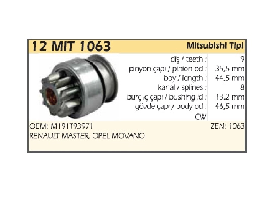 Marş Dişlisi 9D Mitsubishi Tipi Renault Master Mitsubishi Canter Fuso Prestige | OEM 12MIT1063