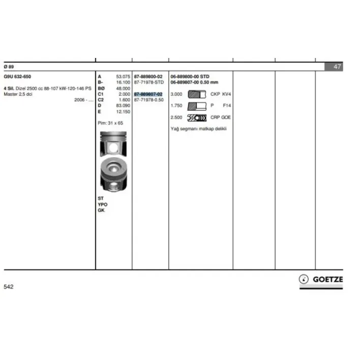 Motor Piston+Segman Master 2.5 Dci-Movano 2.5CDTI (G9U) 145HP EURO4 (89.00MM) / (+0.50MM) | GOETZE 8771978050000G | OEM 7701478481 7701478481 KONEKS 233432 YENMAK 4153-050 SONNE 564KR08201 233432 4153-050 564KR08201