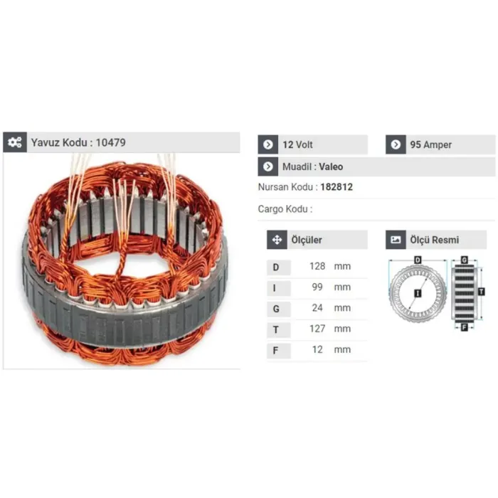 Stator Valeo Tip 12V 95 Amp 3 Cikis Dacia Logan ,Dacia Sandero,Dacia Dokker | YAVUZ 10 479 | OEM TG9B053 77362595 8200674762