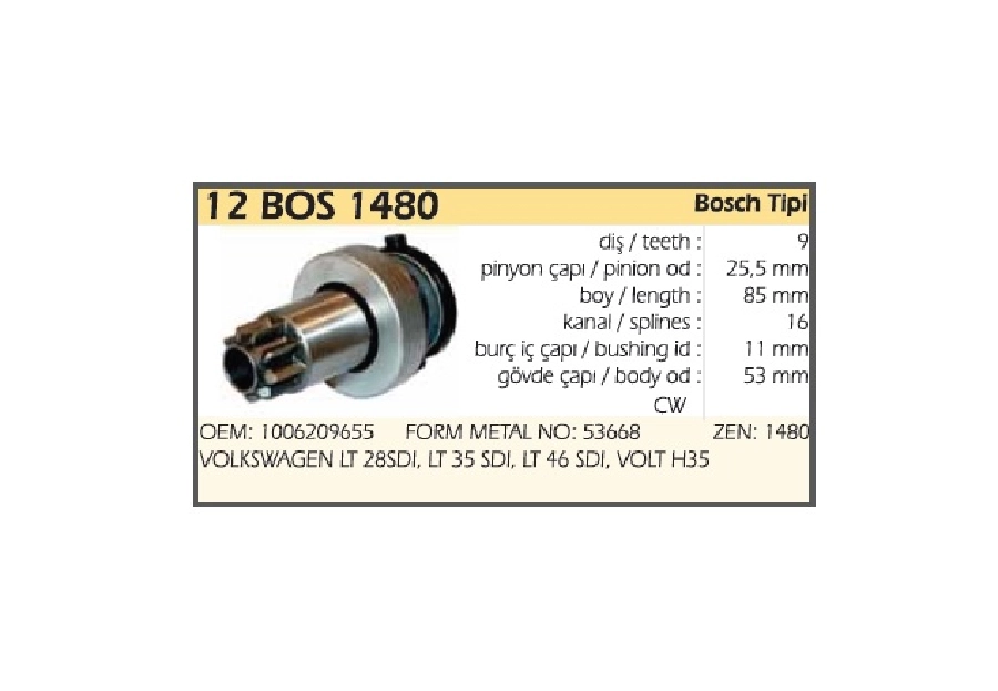 Marş Dişlisi 9 Diş Bosch Tipi Cw Volkswagen Lt 28SDI, Lt 35 Sdı, Lt 46 Sdı, V. Volt H35 | OEM 12BOS1480