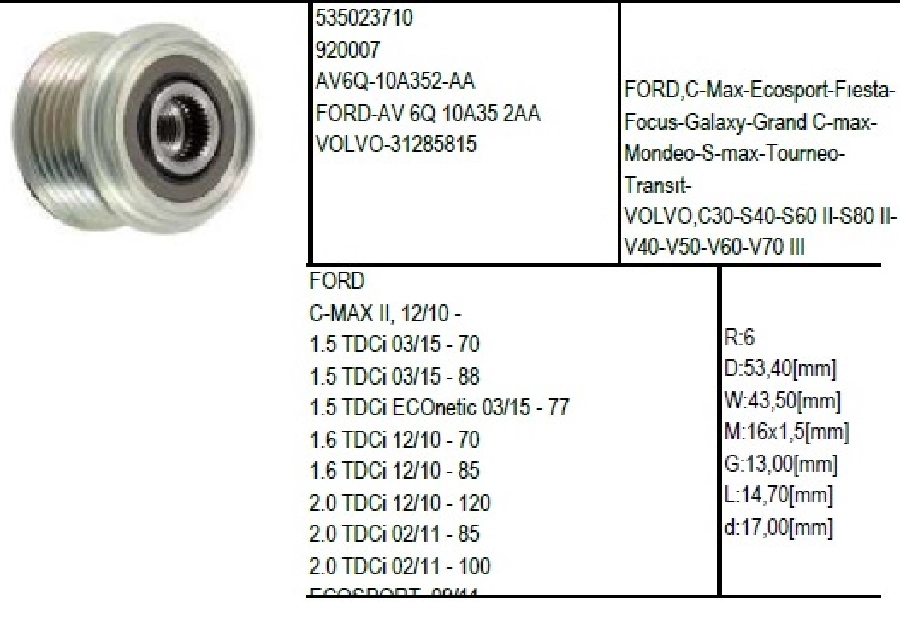Alternatör Kasnak Rulmanlı - Ford, C-Max-Ecosport-Fiesta-Focus-Galaxy-Grand C-Max-Mondeo-S-Max-Tourneo-T | OEM 4670237