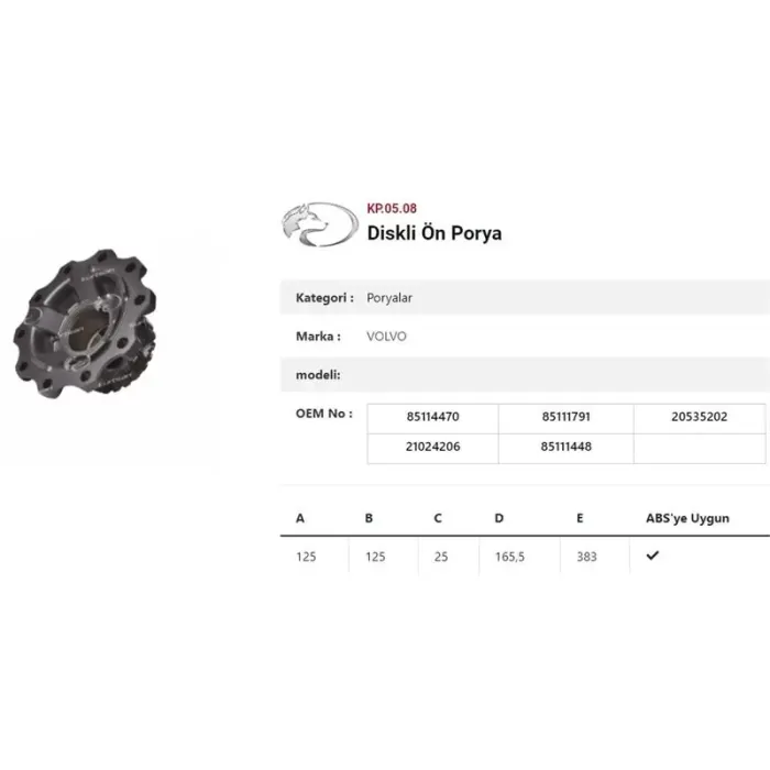 On Teker Poryasi Renault C-K-T Seri 13> / Volvo Fm-Fmii-Fh Frezeli | KURTSAN KP.05.08 | OEM 85114470-85111791-20535202-1026798