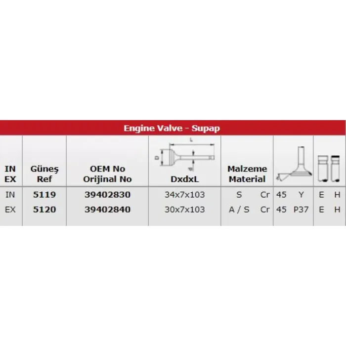 Subap Takimi Ibiza Malaga Ronda Glx 1,5 (In 4 / Ex 4) | GUNES 5119-5120 | OEM 39402830 39402840