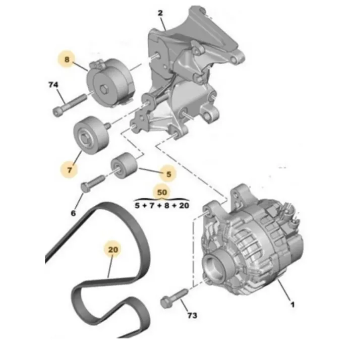 Alternator 5 Kayişi Kiti Partner Berlingo Expert Berlingo Expert Xsara DW8 DW8B 00>09 Klimasiz | PSA 1613845780 | OEM 1613845780