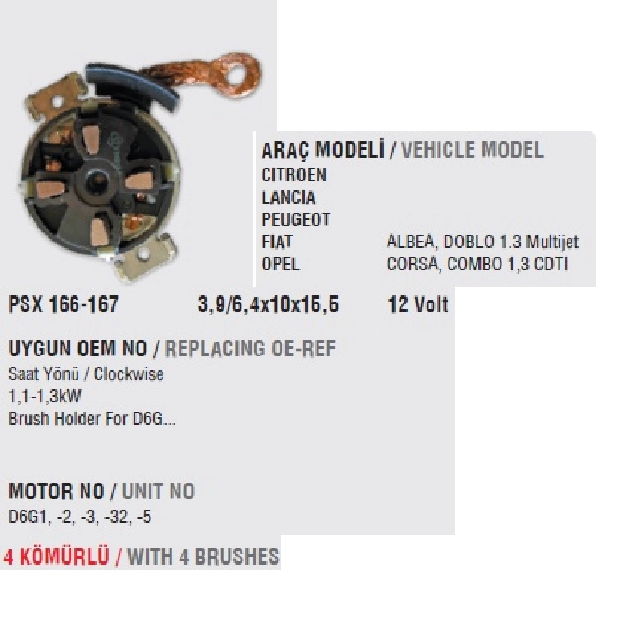 Marş Kömür Yuvası Valeo Tip - Doblo-Palio-Albea, Corsa Combo Multi Jet 1,3, D6G1 Marşlarda (Uygun Kömür | OEM VA1671