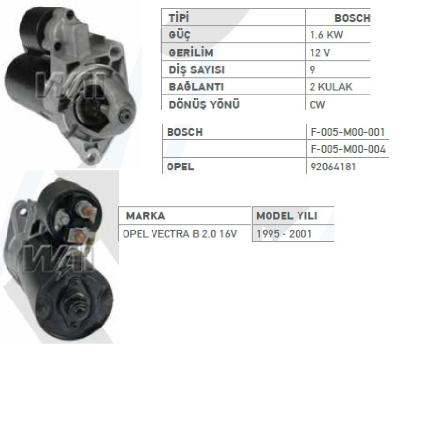 Marş Motoru 12V 9D 1,6 kW Bosch Tip - Vectra A-B 2.0 İ 16V Astra F 2.0 İ Wut 1107.0175 STR17770 | OEM WUT.1107.0175