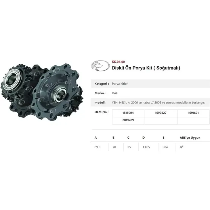 Dingil Poryasi Ön Teker Diskli Rulmanli Kit Sogutmali DAF XF-Cf 2006 Sonrasi | KURTSAN KK.04.60 | OEM 1818004/1699327/1691621/2019789