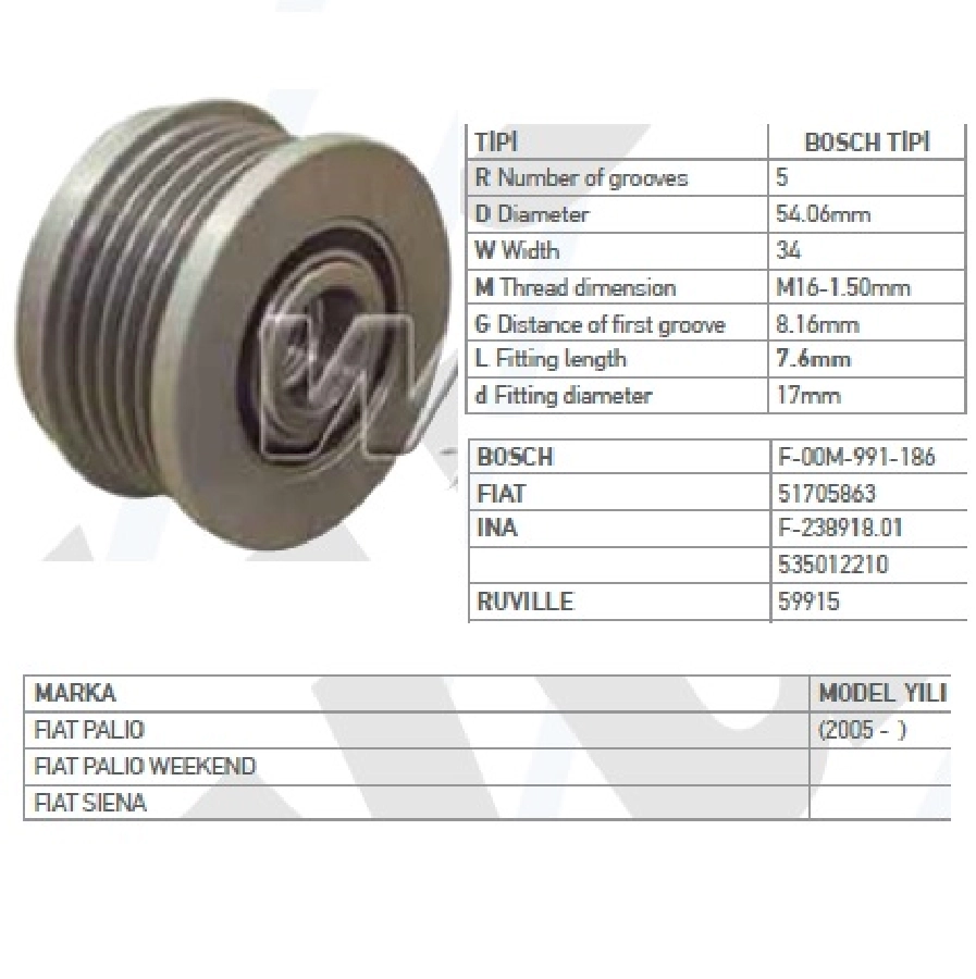 Alternatör Kasnak Fiat Palio Bosch Wut 1102.0021 KSN91302 | OEM WUT.1102.0021