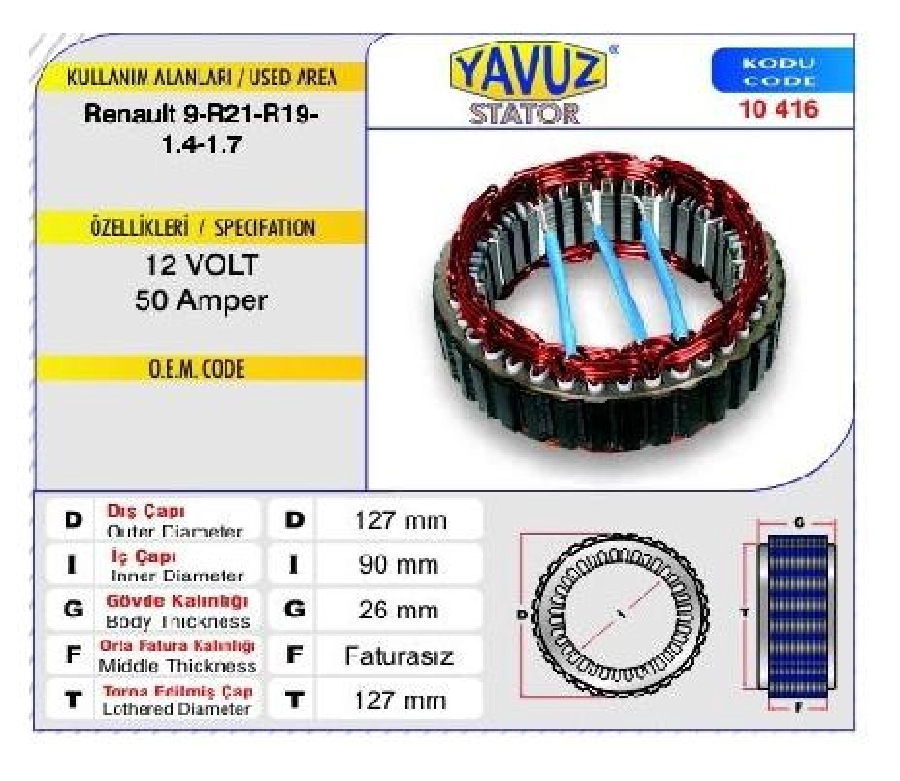 Statör Valeo Tip 12V 50A Renault 9.R21.R19.1,4.1,7 (10416) Valeo-100930-NC118 | OEM 180212