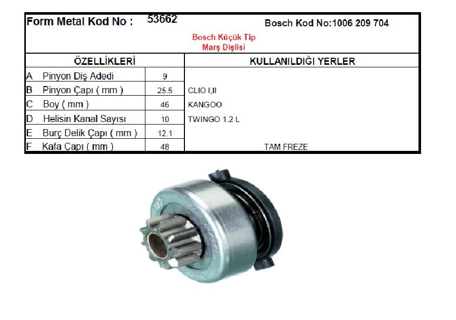 Marş Dişlisi Bosch Tipi 9 Dış 1006209704 Renault Clio I-2, Kangoo, Twıngo 1.2 (1153) | OEM 53662
