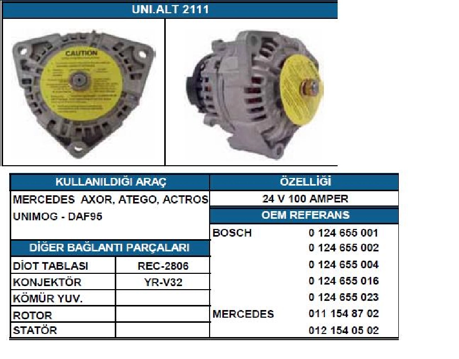 Alternatör 24V, 100A Bosch Tipi Mercedes Benz Actros 1840,2036 Yeni Model Isuzu Turkuaz | OEM LEA0653