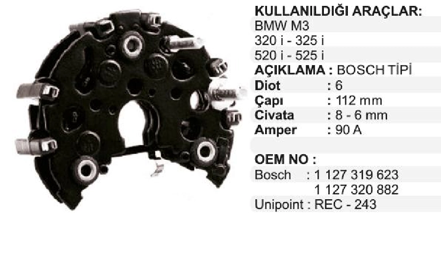 Diyot Tablası Bosch Tipi 112mm BMW E-36 ( 1991-1998 ), 3.18, 3.20, 3.23I, 5.20I, 5.25I (E34) | OEM VBR0882